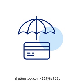 Credit card under open umbrella. Secure payments, safe spendings and financial protection. Pixel perfect, editable stroke icon