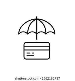 Credit card under open umbrella. Secure payments, safe spendings and financial protection. Pixel perfect vector icon