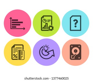 Credit card, Unknown file and Report icons simple set. Horizontal chart, Share idea and Hdd signs. Loan percent, Doc with question mark. Technology set. Flat credit card icon. Circle button. Vector