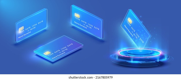 Credit card in various positions, side, top on an isolated blue background. Futuristic projection, hologram of a blue blank credit card. Business, financial concept. Credit card isometric set.