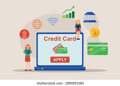 Concepto vectorial de tarjeta de crédito. Dos mujeres jóvenes que usan una laptop para aplicar una tarjeta de crédito con antecedentes de dinero