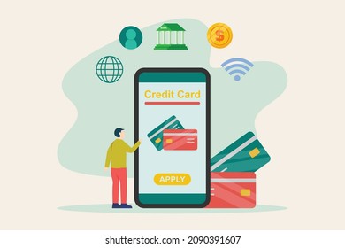 Credit card vector concept. Young man using a mobile phone to applying credit card while standing with money background