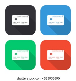 Credit card vector icon - colored illustration (gray blue green red)  with long shadow