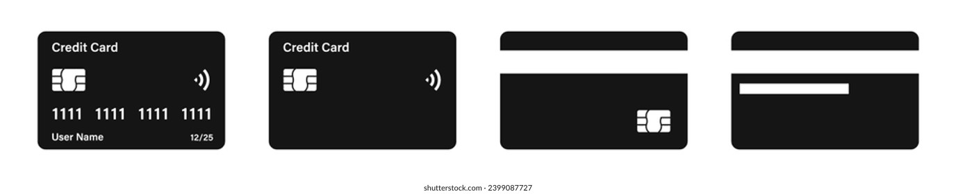 Icono vectorial de tarjeta de crédito. Juego de iconos de tarjeta de crédito negra plana.