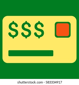 Credit Card vector icon. Illustration style is a flat iconic bicolor orange and yellow symbol on green background.