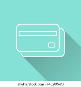 Credit card vector icon with long shadow. White illustration isolated on green background for graphic and web design.