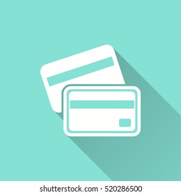 Credit card vector icon with long shadow. White illustration isolated on green background for graphic and web design.