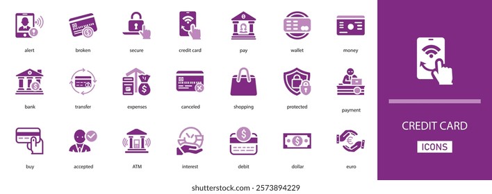 Credit card vector icon set. with shopping, credit card, euro, bank, debit,   ATM , buy and more solid icon collection 
