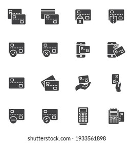 Kreditkarte Vektorsymbole Set, moderne solide Symbolsammlung, gefülltes Piktogramm-Paket im Stil. Zeichen, Logo-Illustration. Set enthält Symbole wie Bankkarte, Banküberweisung, Banküberweisung, drahtlose Zahlung