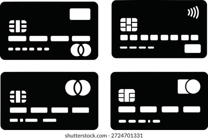 Conjunto de iconos de vector de tarjeta de crédito. Ilustración plana de silueta negra de tarjetas de débito y pago con chip y símbolos sin contacto. Finanzas, banca, comercio electrónico, App de pagos, Sitios web.