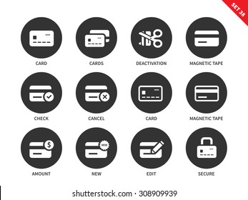 Credit card vector icons set. Business and finance concept.  Commerce and consumerism items, credit cards, magnetic tape, check, cancel, amount and secure. Isolated on white background