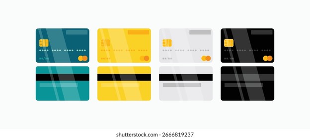 Conjunto de Vector de tarjeta de crédito con vista frontal y posterior en colores negro, blanco, amarillo y azul. Perfecto para proyectos de finanzas, banca, pagos, fintech, comercio electrónico y diseño de negocios