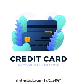 Credit card vector stock illustration isolated on white background. The concept of mobile banking and opening a bank account. Color stylish illustration with abstract figures and leaves