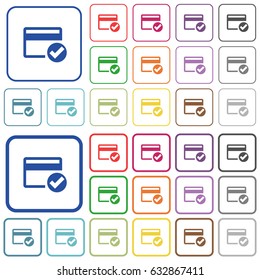 Credit card verified color flat icons in rounded square frames. Thin and thick versions included.