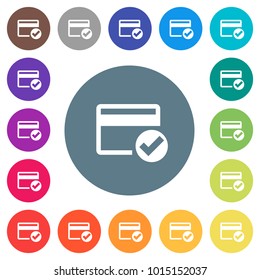 Credit card verified flat white icons on round color backgrounds. 17 background color variations are included.