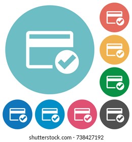 Credit card verified flat white icons on round color backgrounds