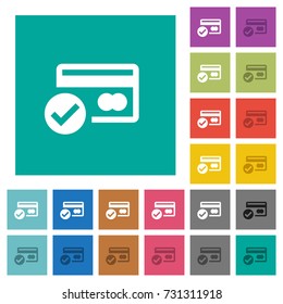 Credit card verified multi colored flat icons on plain square backgrounds. Included white and darker icon variations for hover or active effects.