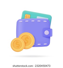 Credit card and wallet 3D icons.Online payment Cashless society for shopping. 3D illustration.