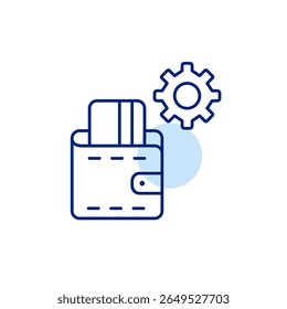 Credit card in wallet and cogwheel. Payment settings, wallet management, card configuration, financial control, secure transaction setup. Pixel perfect, editable stroke vector icon