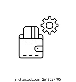 Credit card in wallet and cogwheel. Payment settings, wallet management, card configuration, financial control, secure transaction setup. Pixel perfect, editable stroke vector icon