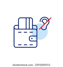 Credit card in wallet and ear crossed out. No audio notifications for banking transactions. Silent mode. Hearing-impaired people accessibility. Pixel perfect, editable stroke vector icon