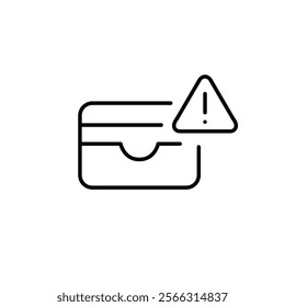 Credit card wallet, exclamation mark and triangle. Security warning, danger of fraud. Payment warning. Pixel perfect vector icon