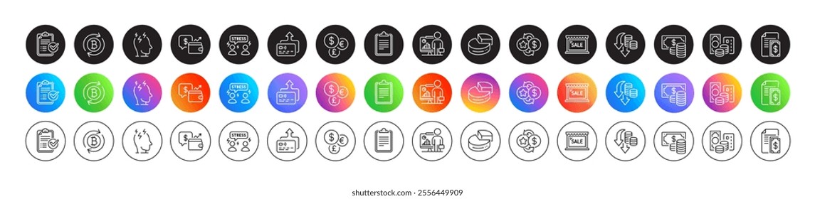 Credit card, Wallet and Loyalty points line icons. Round icon gradient buttons. Pack of Stress, Pie chart, Difficult stress icon. Sale, Money currency, Survey checklist pictogram. Vector