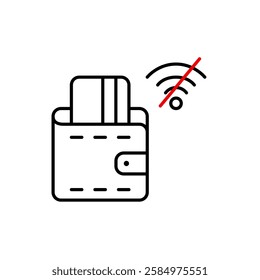 Credit card in wallet and no wi-fi symbol. Banking and payment interruption, network error. Pixel perfect, editable stroke vector icon