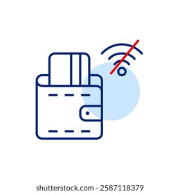 Credit card in wallet and no wi-fi symbol. Banking and payment interruption, network error. Pixel perfect, editable stroke vector icon