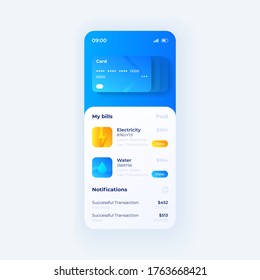 Credit card wallet smartphone interface vector template. Mobile app page white with blue design layout. Banking account screen. Flat UI for application. Paid house bills. Phone display