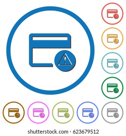 Credit card warning flat color vector icons with shadows in round outlines on white background