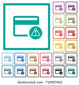 Credit card warning flat color icons with quadrant frames on white background