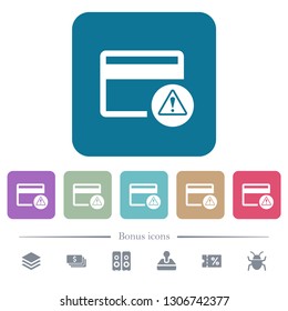 Credit card warning white flat icons on color rounded square backgrounds. 6 bonus icons included