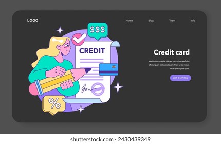 Credit card web banner or landing page night or dark mode. Bank-offered financing of purchases. Individual and business credit card. Credit arrangements and rating. Flat vector illustration