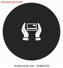 Credit card web icon. Gray circle button with white illustration.