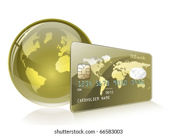 Kreditkarte mit Weltkarte und Globe. Zahlungskonzept. Internet Banking.
