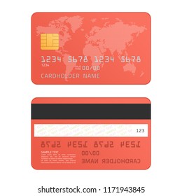 Credit card with world map, isolated on white background. Realistic style. Two sides. Highly detailed mock up of red credit cards. Front and back. Vector illustration EPS 10.