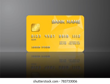 Credit card yellow on grey background with shadow. Abstract design for business. 