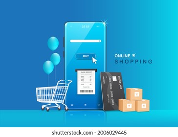 Credit card,parcel box,shopping cart  is placed next to the smartphone and the receipt flowed out for delivery and shopping online concept,vector 3d on blue background for shopping on application