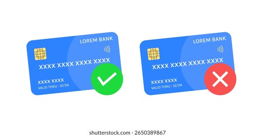 Credit Cards with Approved and Rejected Symbols. Secure Finance Transfer and Transaction Check