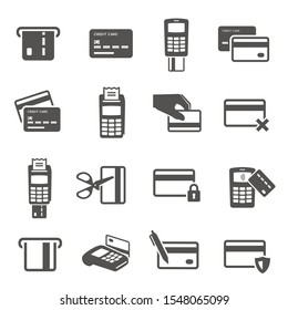 Credit cards black glyph icons vector set. E-Payment methods. Near field communication. Atm, credit and debit cards illustrations collection. Automated teller machine. Bank account, NFC