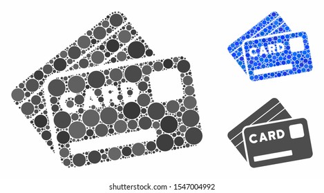 Credit cards composition of round dots in various sizes and color hues, based on credit cards icon. Vector round dots are united into blue mosaic. Dotted credit cards icon in usual and blue versions.