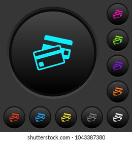 Credit cards dark push buttons with vivid color icons on dark grey background