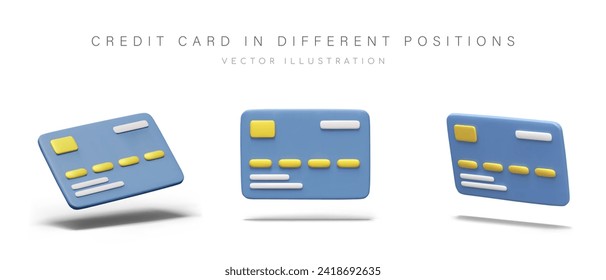 Credit cards in different positions. Plastic blue card for cashless payment. Online shopping