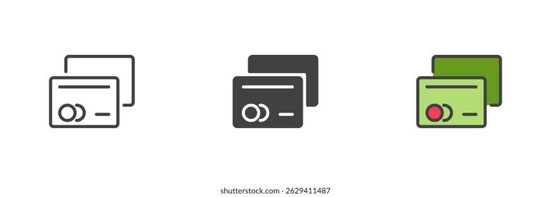 Credit cards different style icon set. Line, glyph and filled outline colorful version, outline and filled vector sign. Payment cards symbol, logo illustration. Vector graphics
