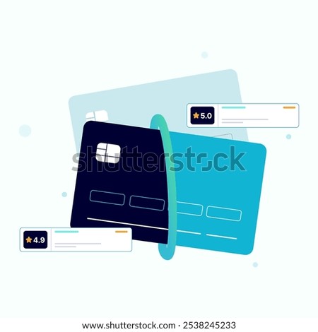 Credit cards divided into two categories, showing themes of income, profit, earnings, or payment, with client or bank reviews. Vector illustration