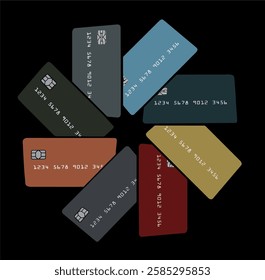 Credit cards, eight of them are arranged in a circular formation with an eight pointed star in the middle. They are generic, mock, safe for publication and isolated on background.