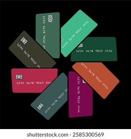 Credit cards, eight of them are arranged in a circular formation with an eight pointed star in the middle. They are generic, mock, safe for publication and isolated on background.