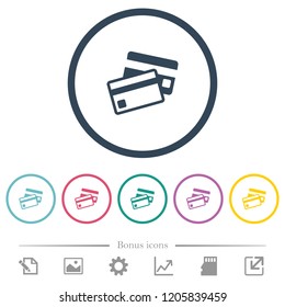 Credit cards flat color icons in round outlines. 6 bonus icons included.