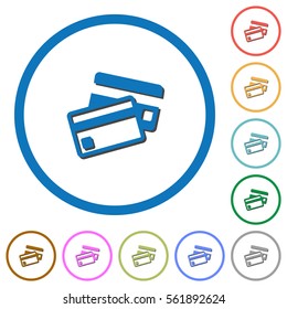 Credit cards flat color vector icons with shadows in round outlines on white background